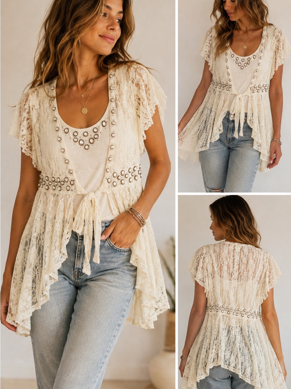 Alberto Makali Y2K Cream Lace Tie-Front Tunic with Beaded Trim & Camisol